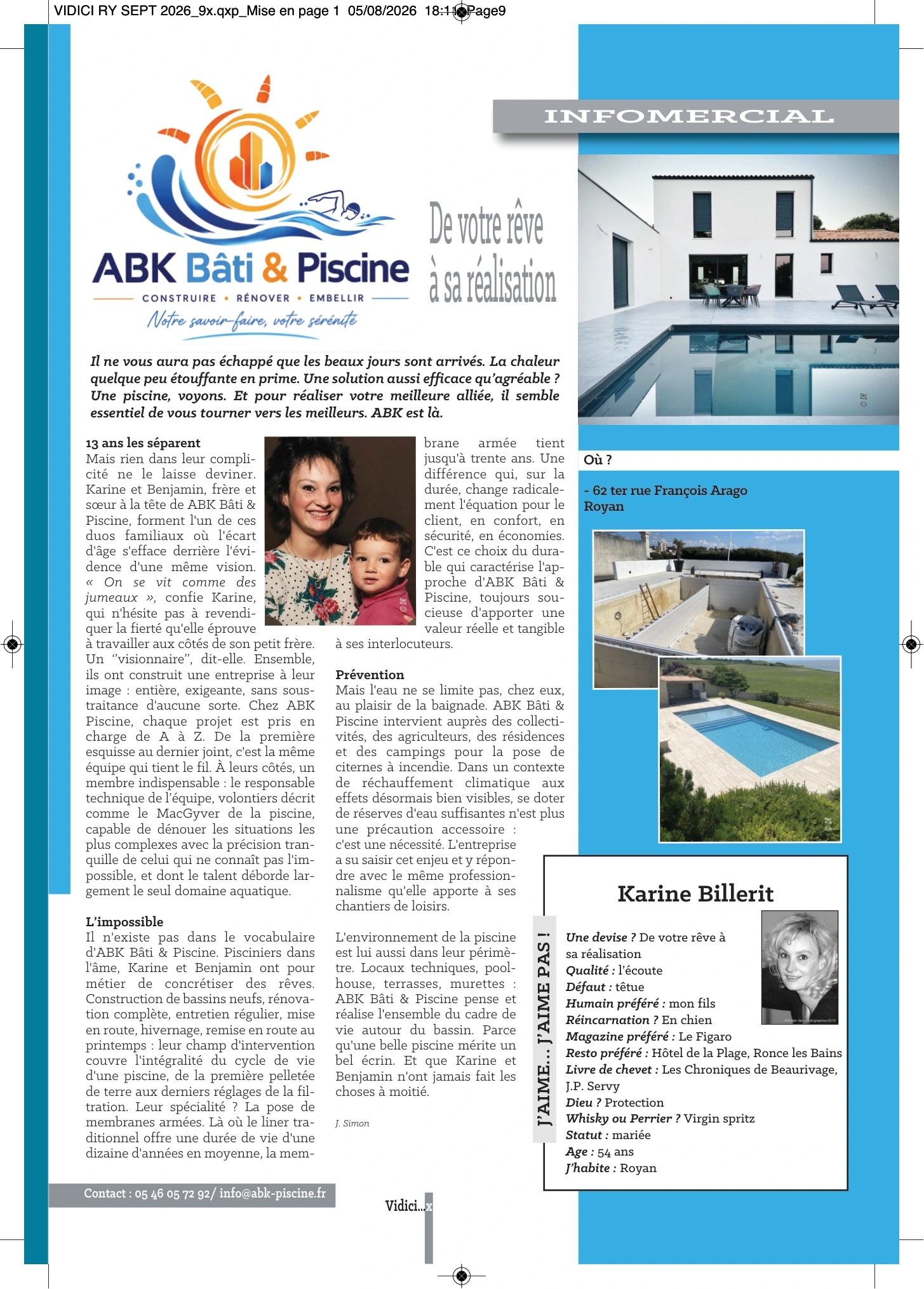 Article Vidici de septembre 2026, signé J. Simon : portrait de Karine et Benjamin à la tête d’ABK Bâti & Piscine