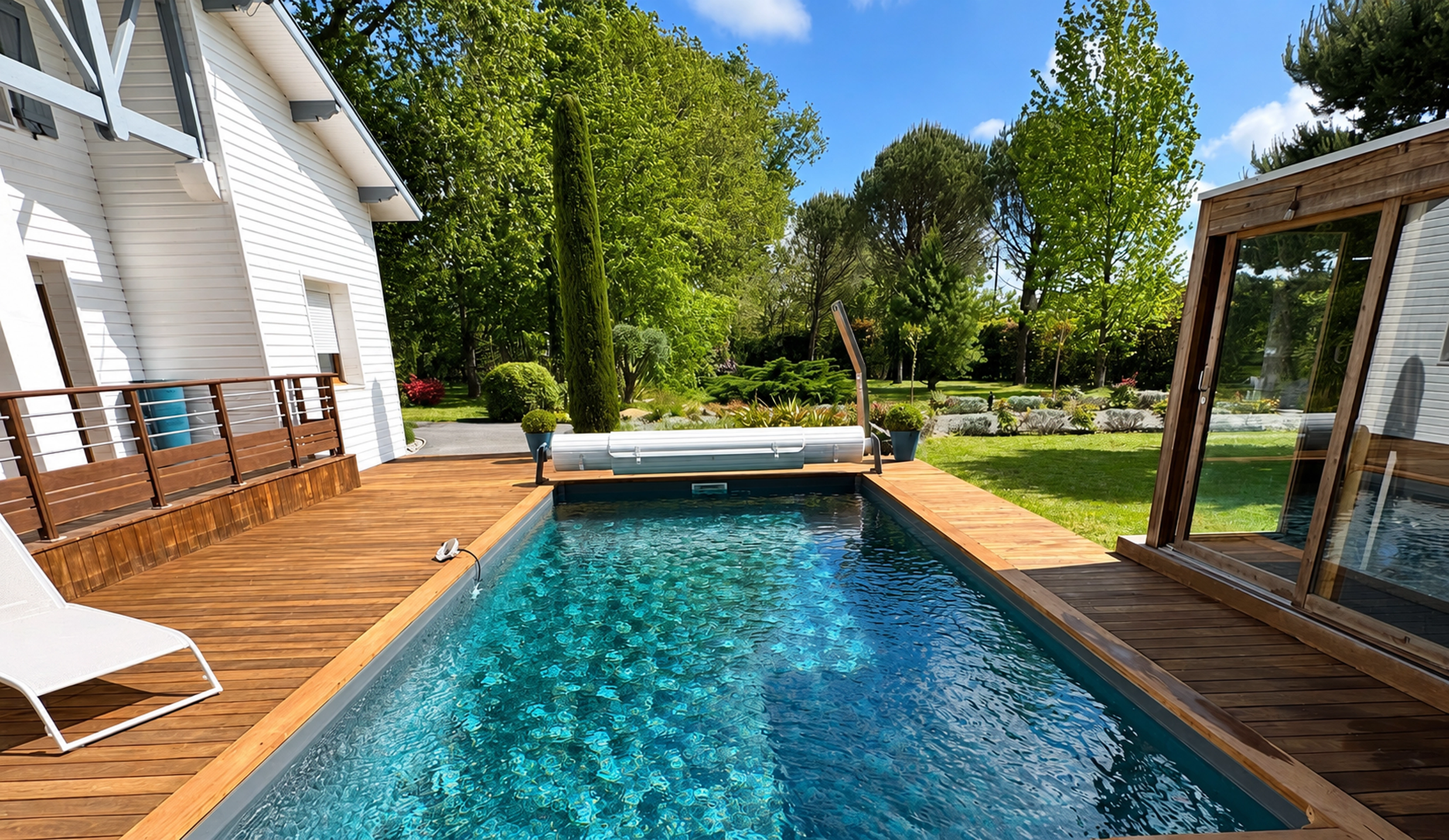 Réalisation ABK : piscine au cœur d’une terrasse en bois, entre maison et jardin